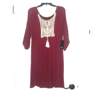 Boho burgundy dress with cold shoulder 3/4 sleeve
